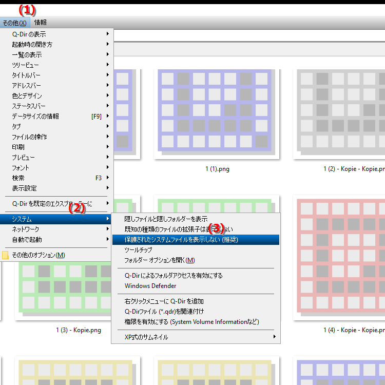 Quad File Explorer で保護されたファイルとシステム ファイルを表示または非表示にするにはどうすればよいですか
